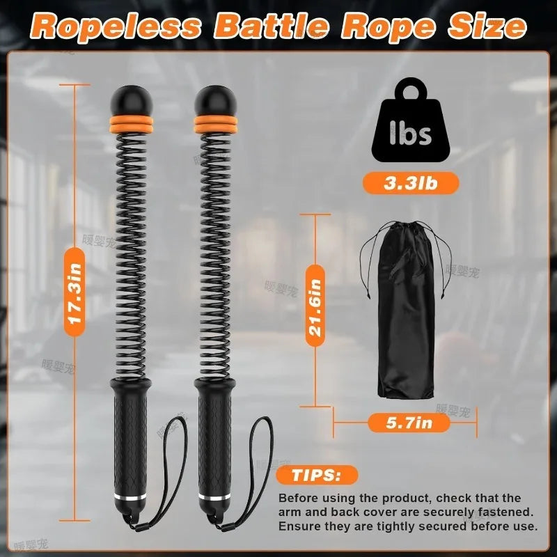 Two black rope sizes of lbs and 3.3lb are shown with measurements for a workout product.