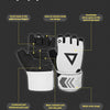 A close-up view of a black and white heavy-duty weightlifting grip glove showing design features like punch holes, padded pal