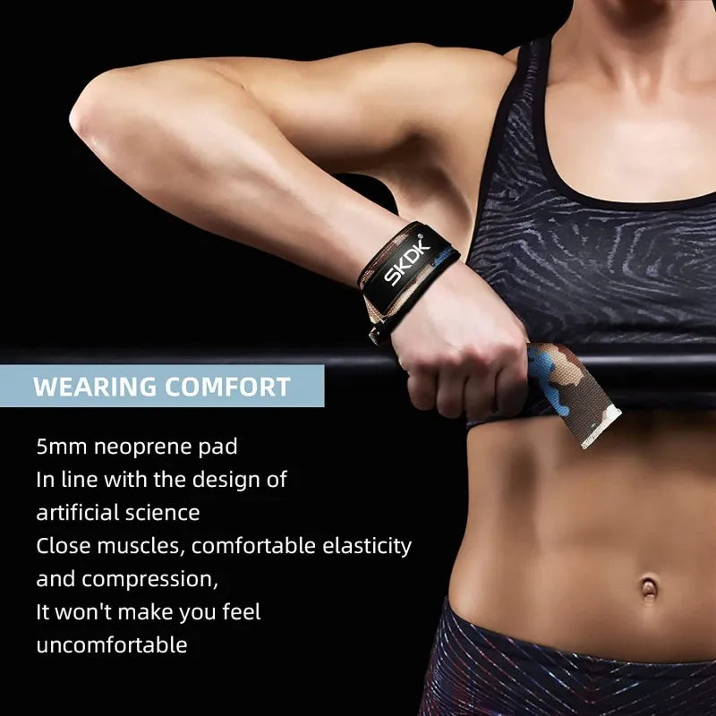 A person wearing black gym weightlifting straps on their wrist during a workout.