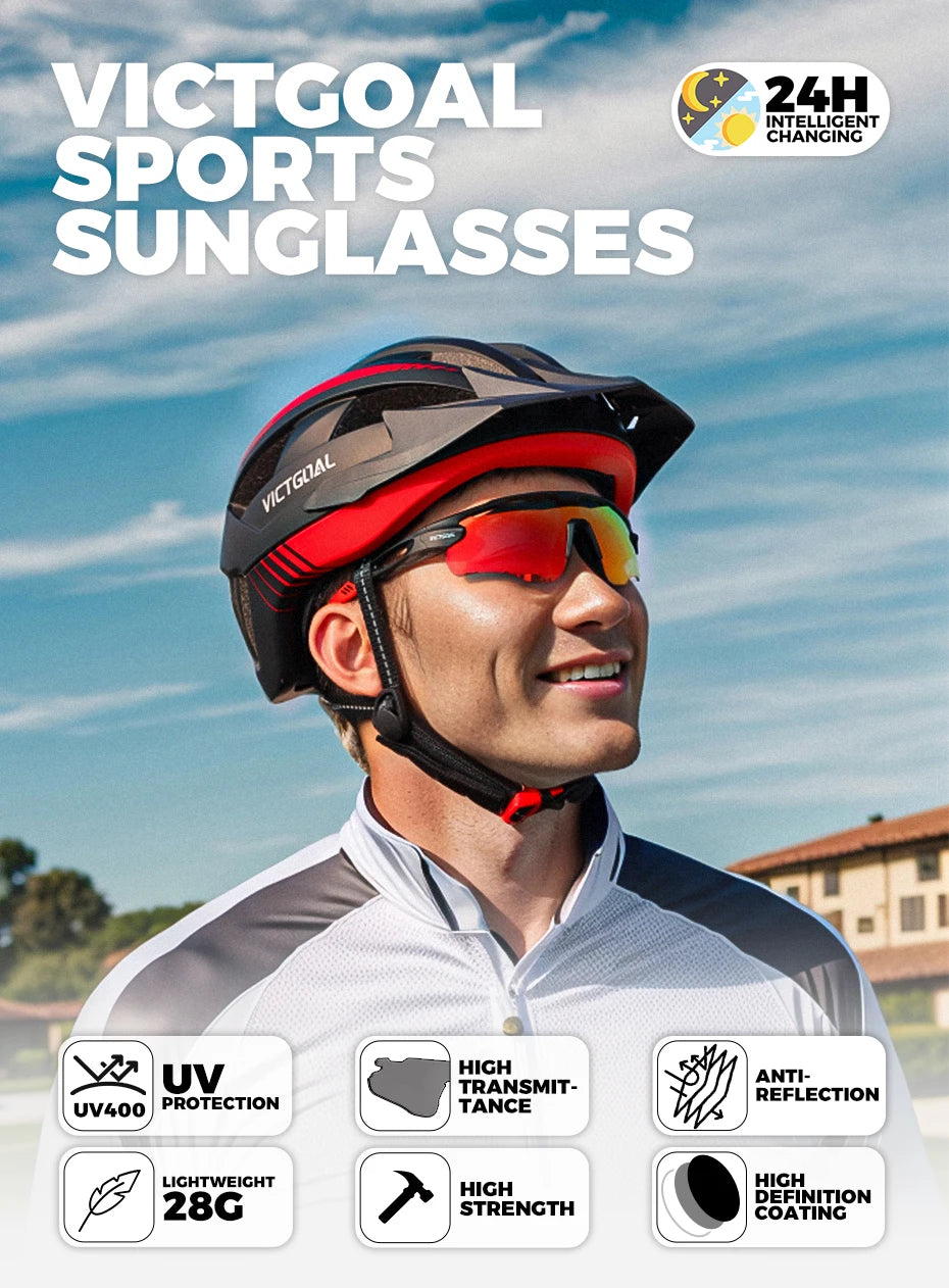 A man wearing VicGoal sports sunglasses with UV400 protection and high strength coating.