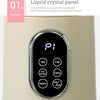 Close-up of a portable electric juicer with a liquid crystal panel displaying 'P1' and various function buttons.