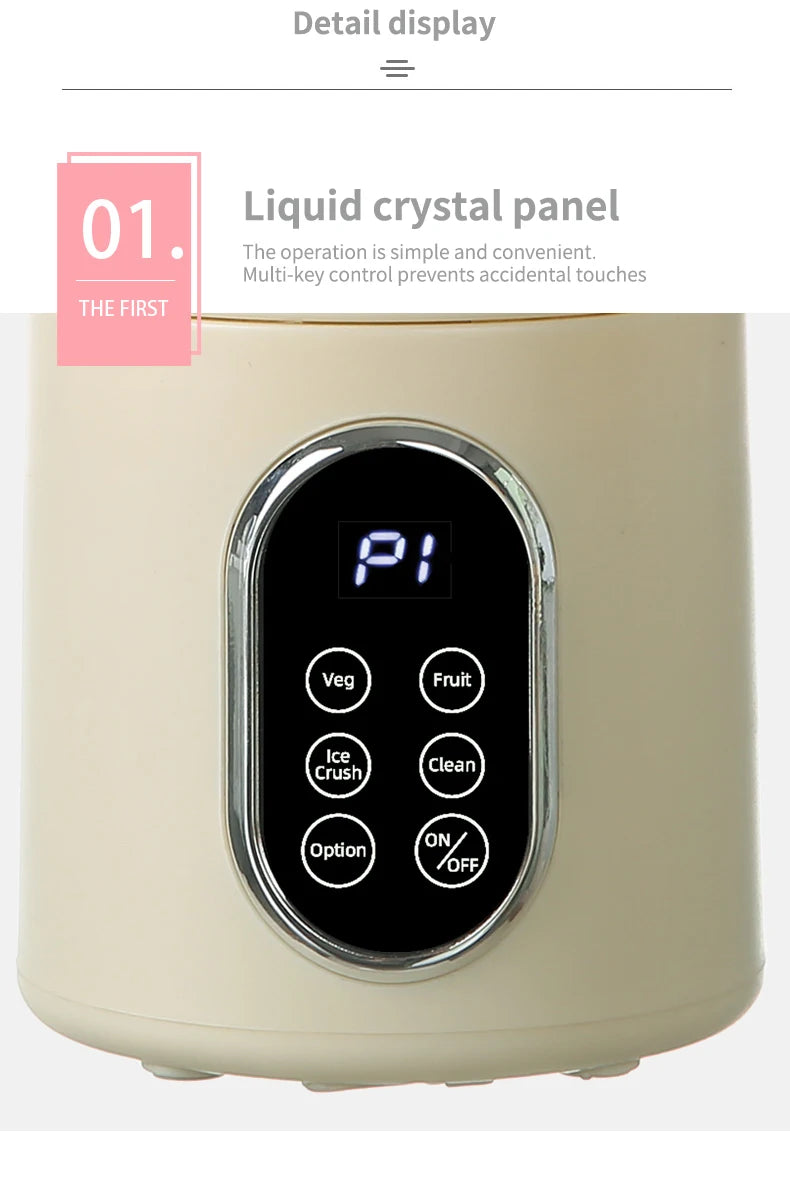 Close-up of a portable electric juicer with a liquid crystal panel displaying 'P1' and various function buttons.