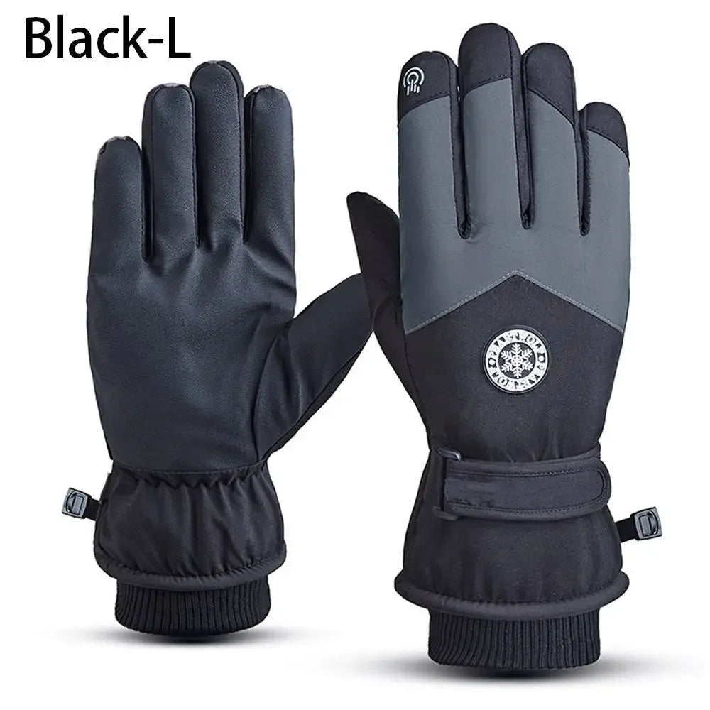 A pair of black ski gloves designed for winter sports and touchscreen use.