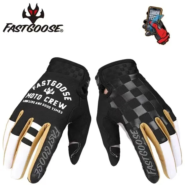 A pair of black FastGoose full-finger motocross and off-road cycling gloves with tan accents.