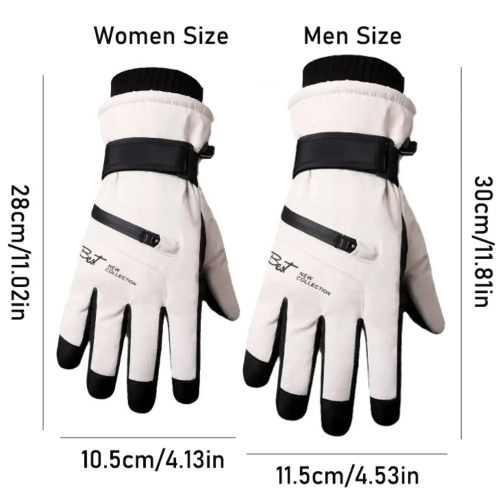 A pair of beige thermal winter ski and riding gloves for women and men shown side by side.
