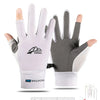 White and gray summer ice silk sun protection gloves shown with size options and palm circumference guide