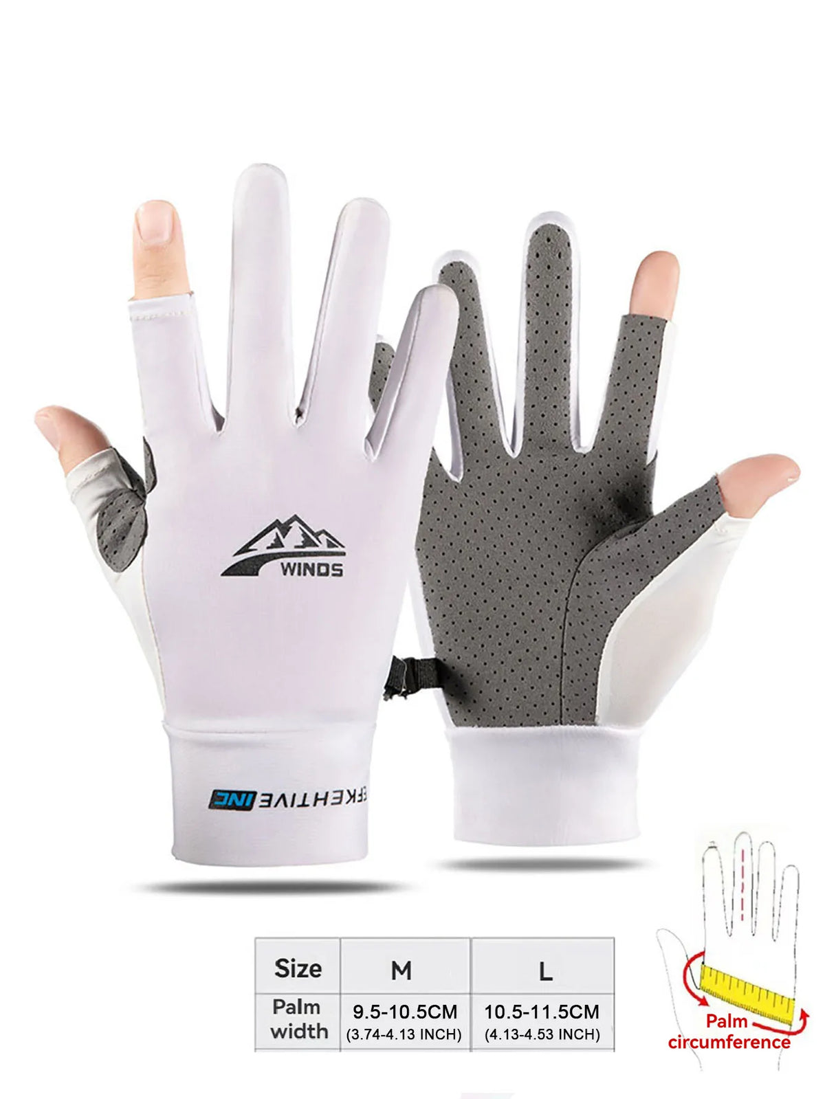 White and gray summer ice silk sun protection gloves shown with size options and palm circumference guide