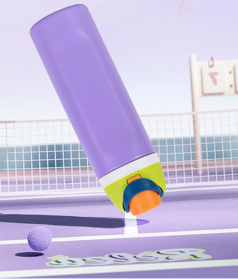 A purple stainless steel insulated fitness cup with an orange lid is shown on a purple surface.