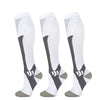 Three pairs of white compression socks with black stripes and gray soles.