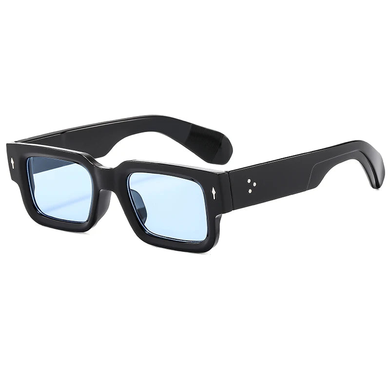 Black classic square rivet sunglasses with blue mirrored lenses