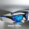 A pair of black sunglasses with blue polarized lenses and a blue accent frame resting on a metallic surface.