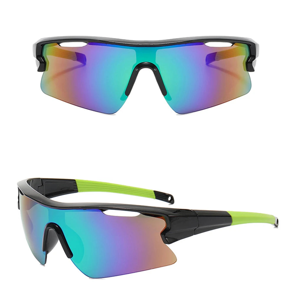 A pair of mirrored blue and purple sport sunglasses with black frames shown from the front.