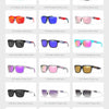 Eine Kollektion polarisierter modischer Sonnenbrillen in verschiedenen Farben wie Schwarz, Grün, Rot, Blau und Magenta.