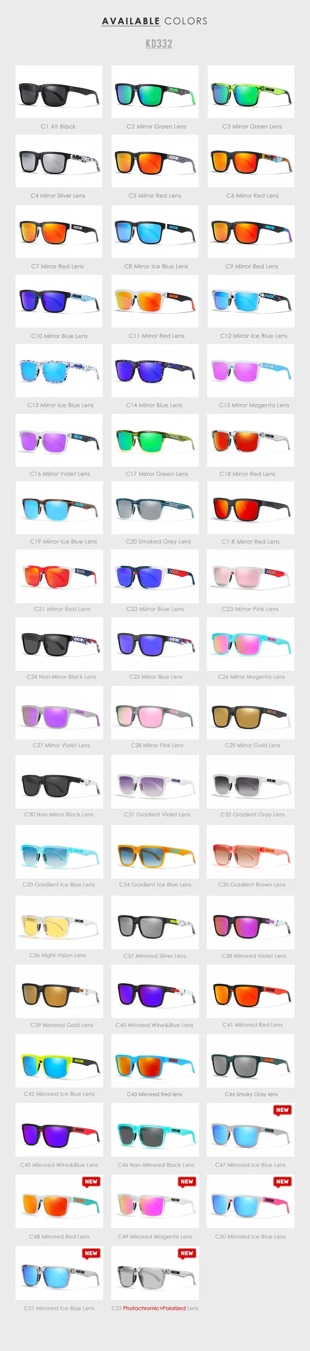 Eine Kollektion polarisierter modischer Sonnenbrillen in verschiedenen Farben wie Schwarz, Grün, Rot, Blau und Magenta.