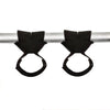 Black gym lifting straps with wrist supports mounted on a silver bar.