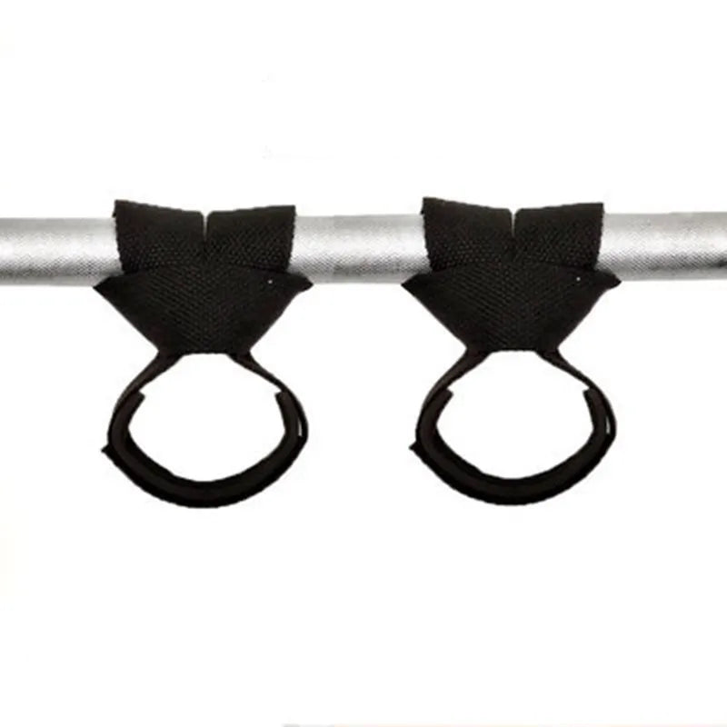Black gym lifting straps with wrist supports mounted on a silver bar.