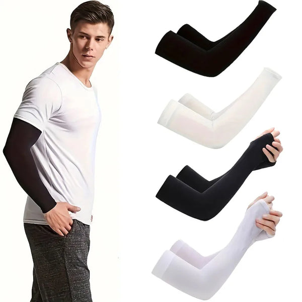 Black and white compression arm guards shown on a model and separate for display