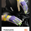A pair of purple and lime green motorcycle riding gloves are shown protecting the joints.
