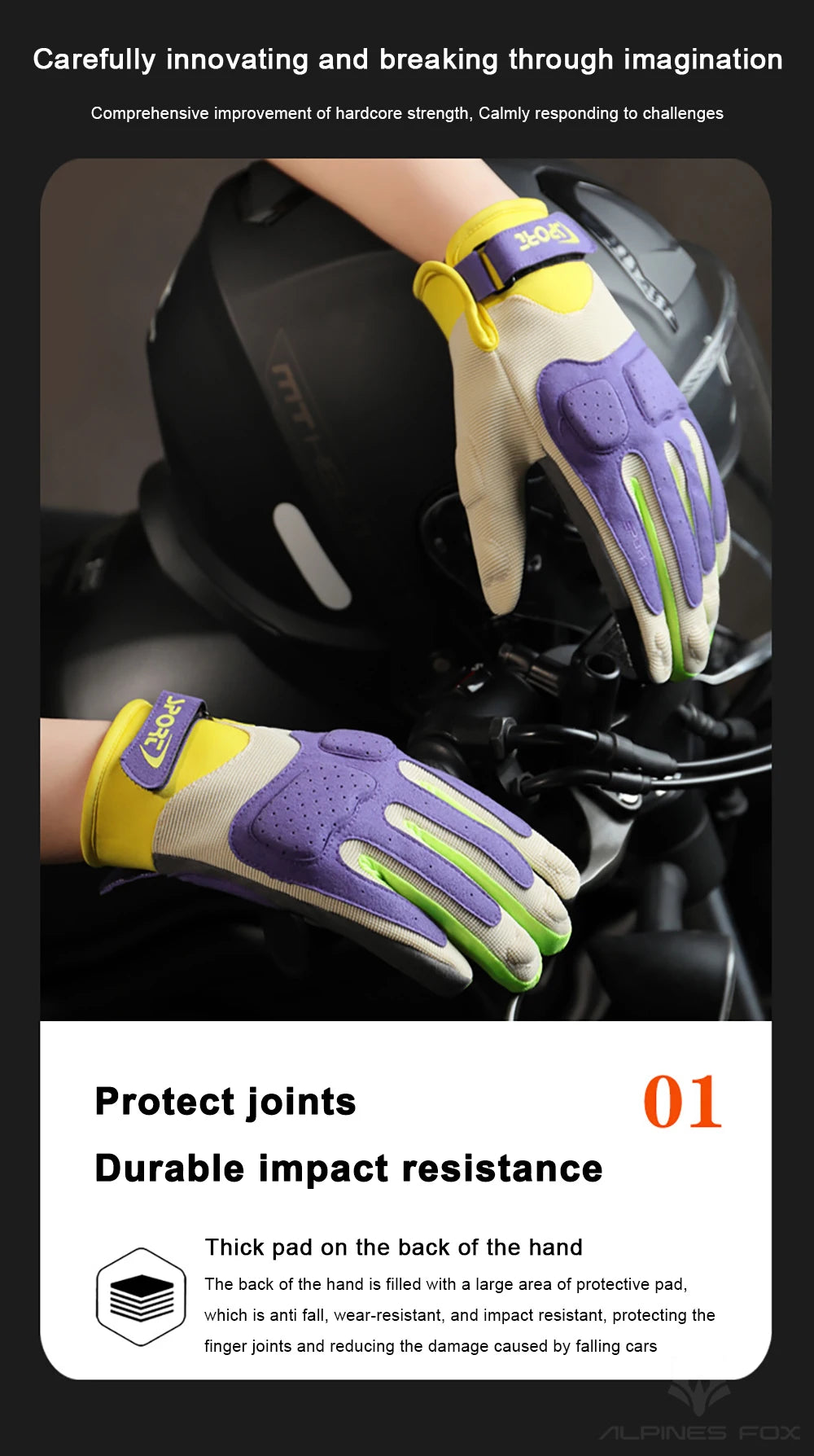 A pair of purple and lime green motorcycle riding gloves are shown protecting the joints.