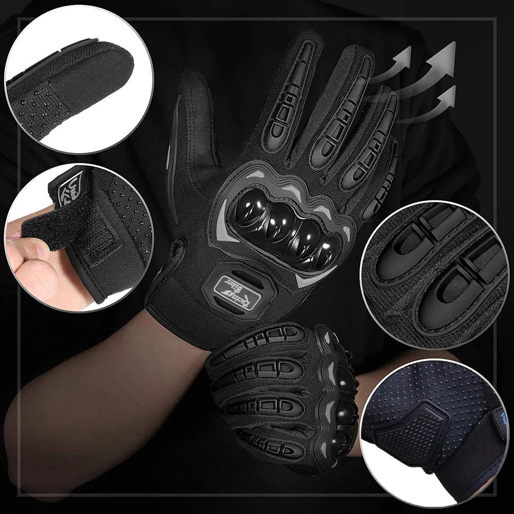 Black motorcycle riding gloves with full finger protection shown in various angles