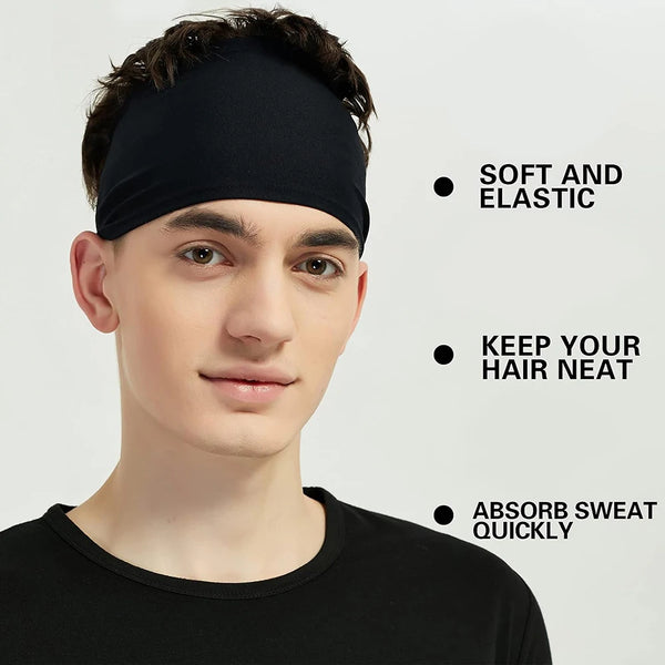 Un mannequin masculin portant un bandeau de sport noir respirant sur le front.