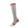 Gray compression socks with a pink cuff and zipper detail.