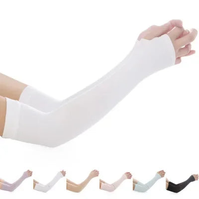 A hand wearing a white UV protection arm sleeve, demonstrating the fit and coverage for outdoor activities.