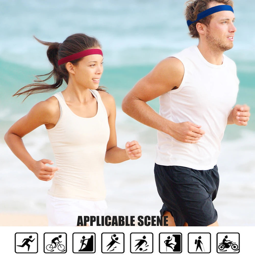 Two people exercising on a beach wearing multi-color anti-slip sports headbands.