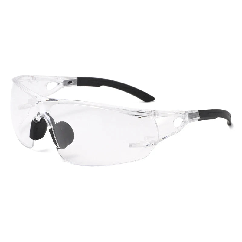 Clear safety goggles with black rubber straps and protective lenses for outdoor and work use