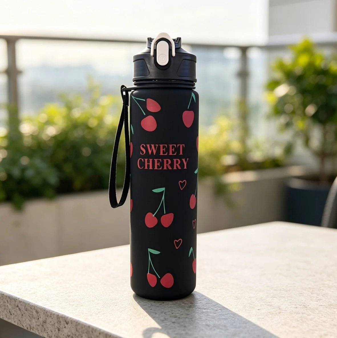 A black reusable water bottle with a silver cap and a design featuring sweet cherry illustrations.