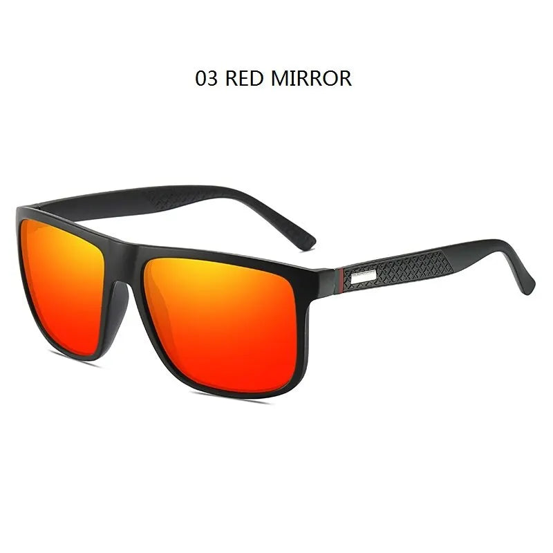 A pair of black sunglasses with bright orange lenses and a black frame.