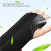 A hand wearing a black breathable perforated fabric wrist brace with dual metal splints.
