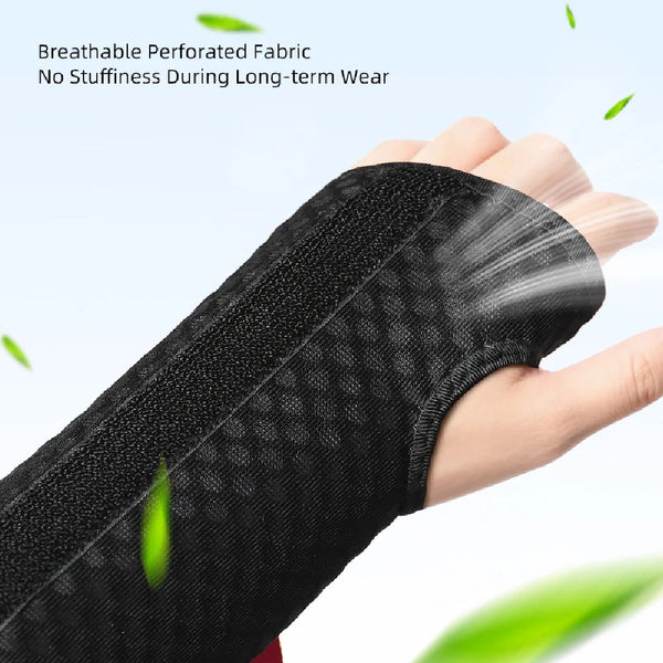 A hand wearing a black breathable perforated fabric wrist brace with dual metal splints.