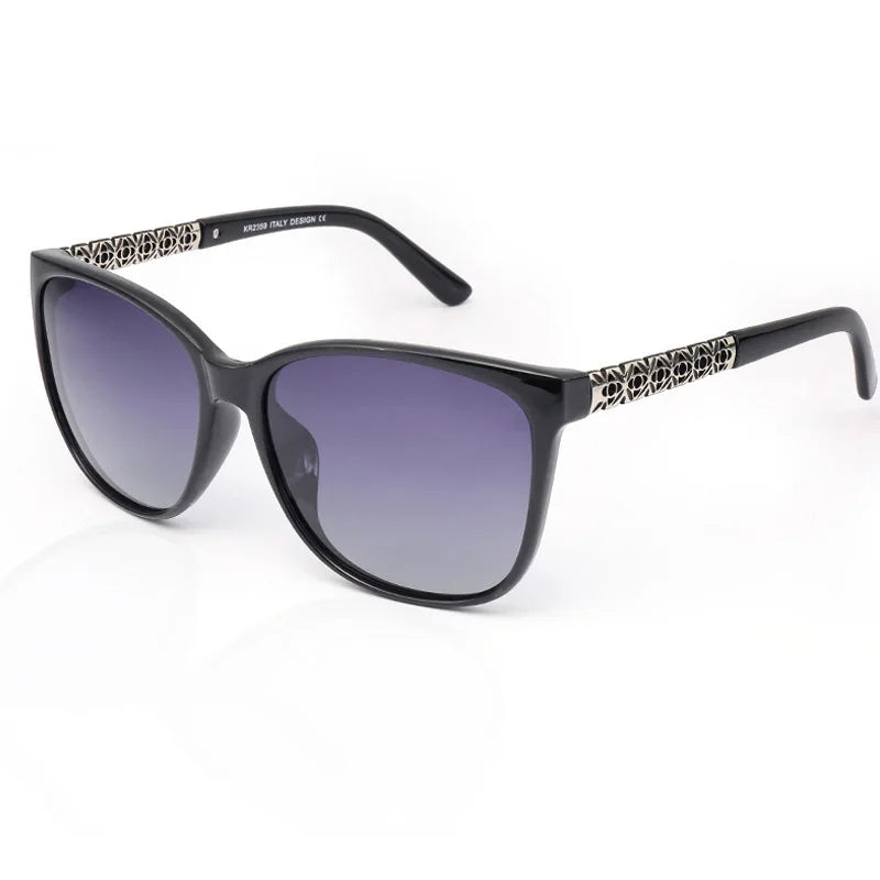 Black cat eye polarized sunglasses with a patterned frame and UV400 protection