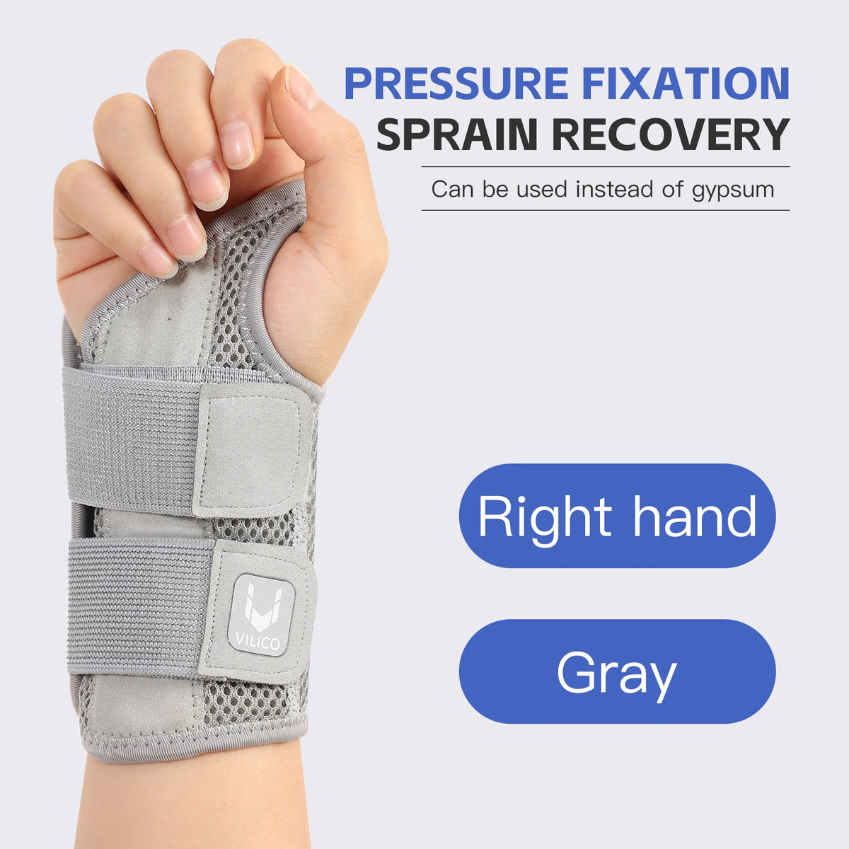 A gray pressure fixation sprain recovery brace for the right hand, designed to be used instead of a cast.