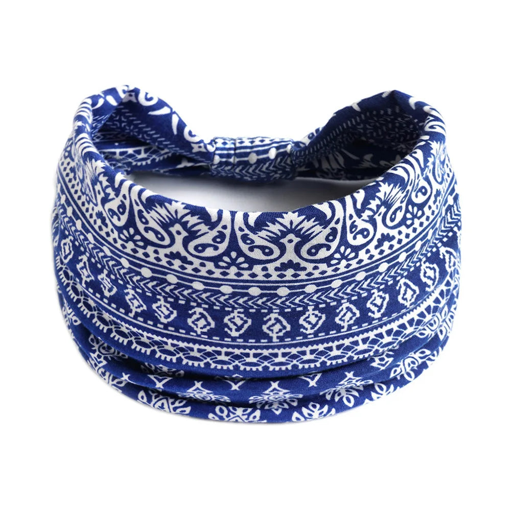 Blue and white patterned bohemian cotton stretch headbands rolled up