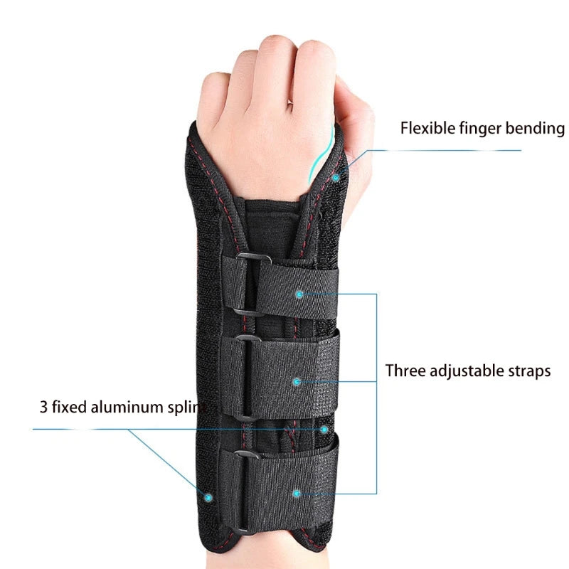 Schwarze ergonomische Handgelenksstütze mit flexibler Fingerbeugung und drei verstellbaren Riemen zur Linderung des Karpaltun