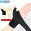 Black elastic fabric wrist support brace shown on a hand and fingers, with a beige version for comparison.