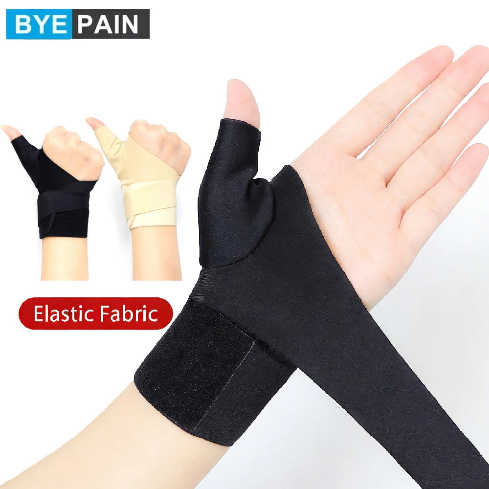 Black elastic fabric wrist support brace shown on a hand and fingers, with a beige version for comparison.