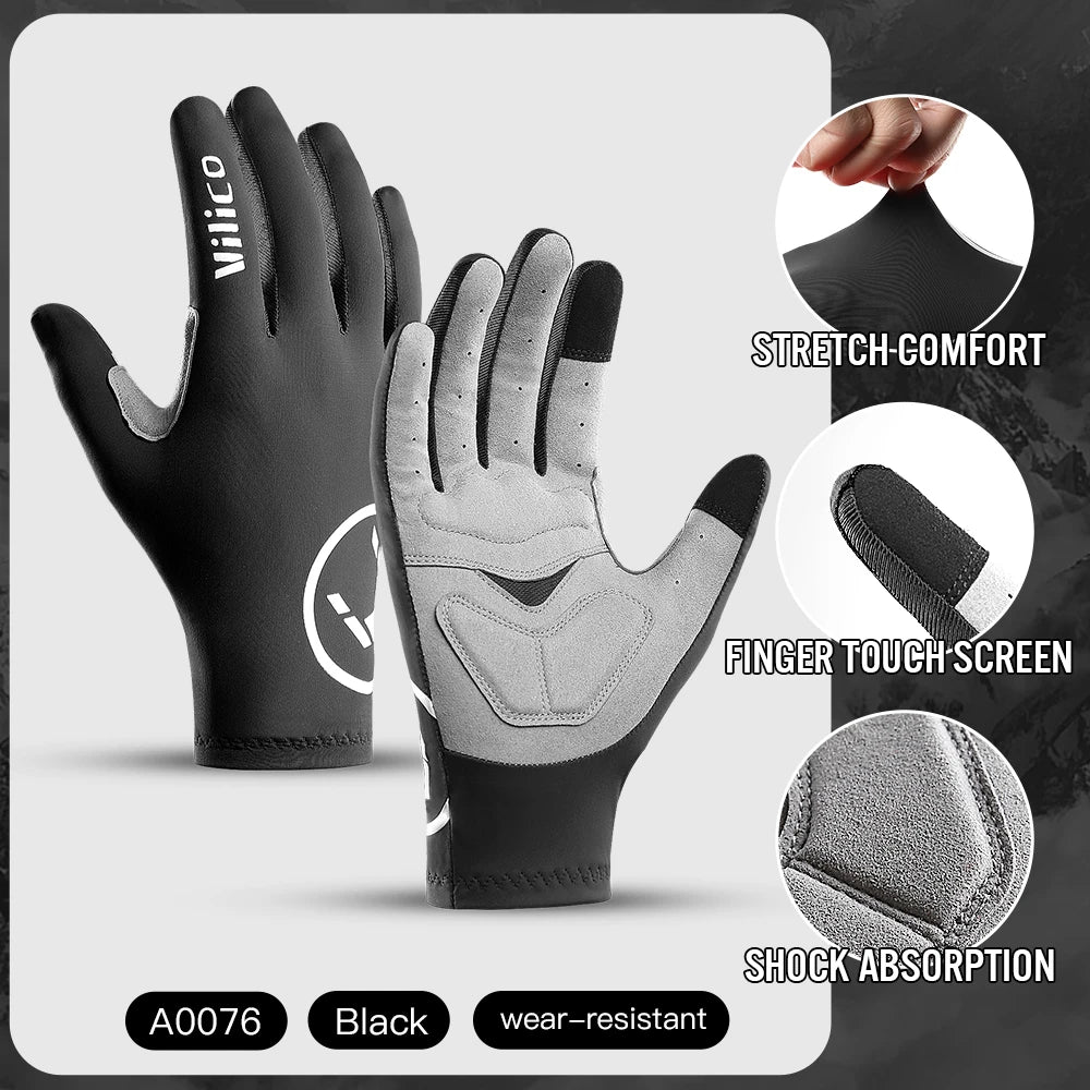 A pair of black and gray performance cycling gloves featuring stretch comfort, finger touchscreen, and shock absorption.