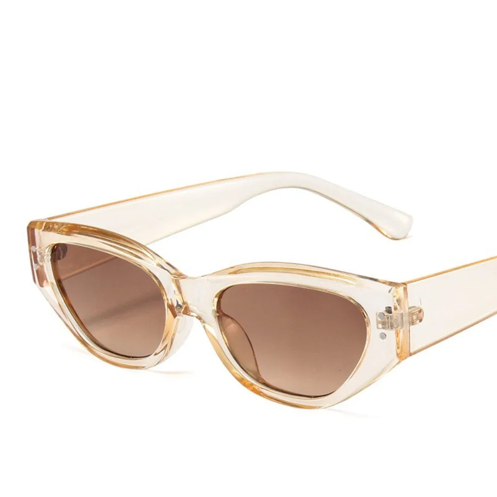 Clear acetate sunglasses with a cat eye shape and small rhinestone details