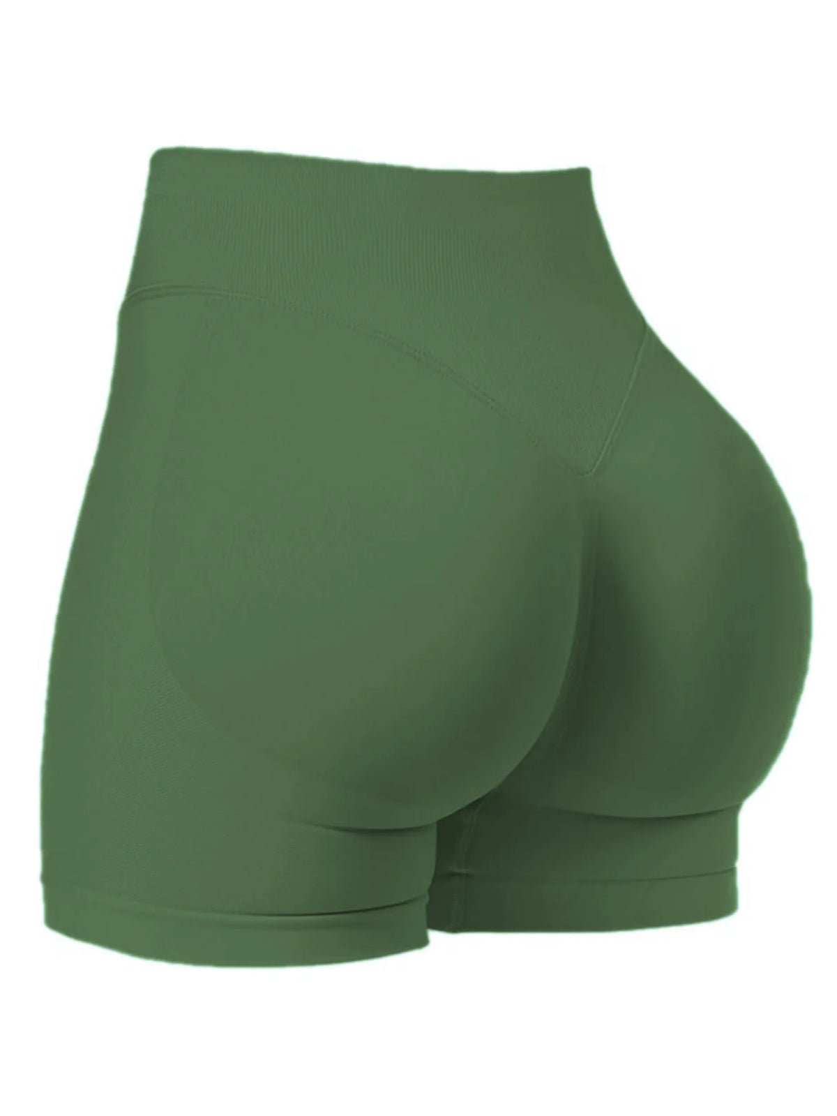 Short de yoga sans couture taille haute vert olive, vue de l'arrière.