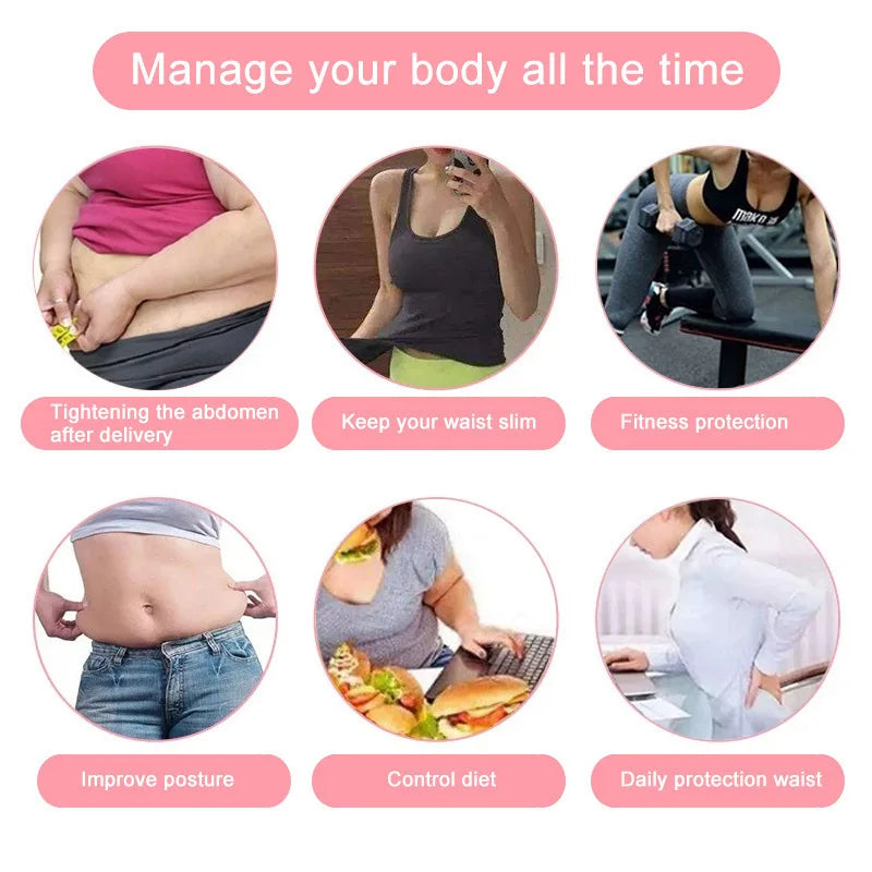 Fitness belt for managing body, showing various uses like tightening the abdomen and controlling diet.