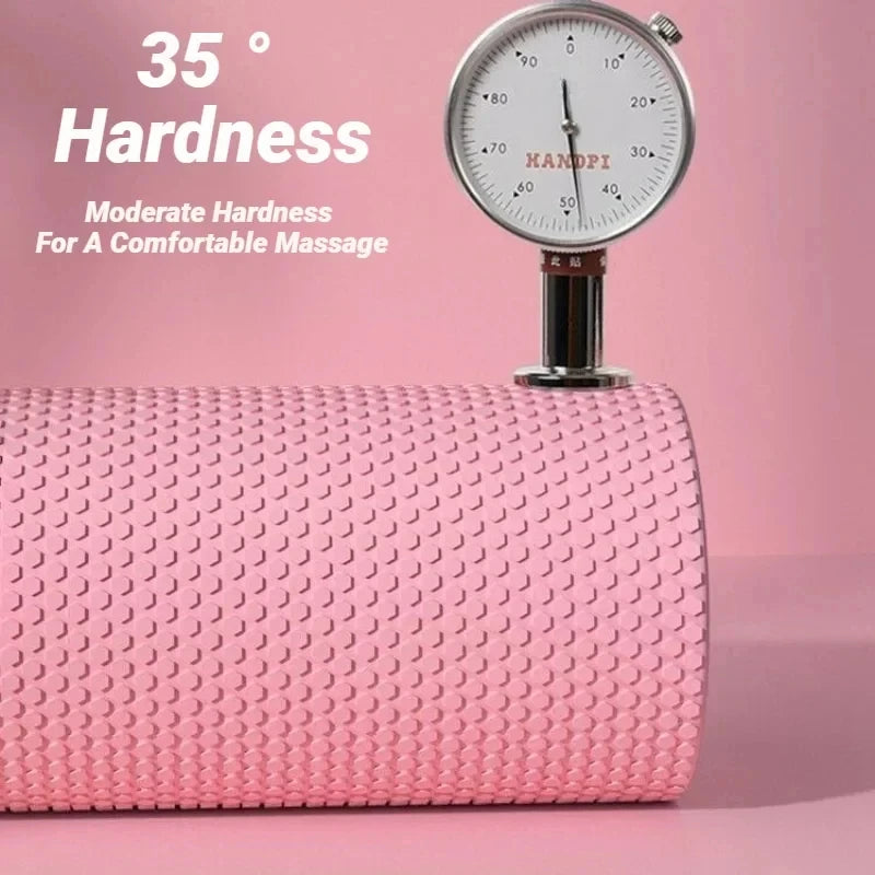 Pink hexagonal foam yoga roller with a hardness gauge showing 35 degrees for massage