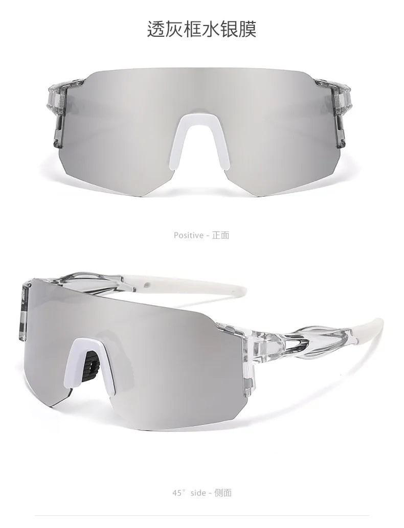 A pair of clear, square-shaped sunglasses shown in positive and 45-degree side views.