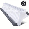 A stack of ten pairs of white and gray comfort fit ankle socks is displayed.