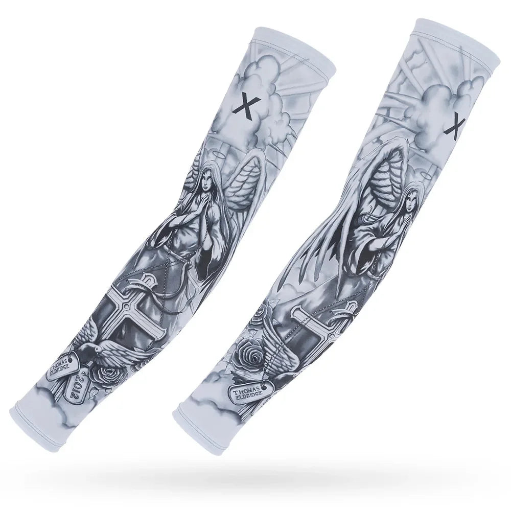 A pair of light gray ice silk arm sleeves featuring a detailed angelic design with crosses and clouds.