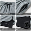 Gray athletic shorts featuring an elastic waistband, side pocket, curved hem, and built-in liner.