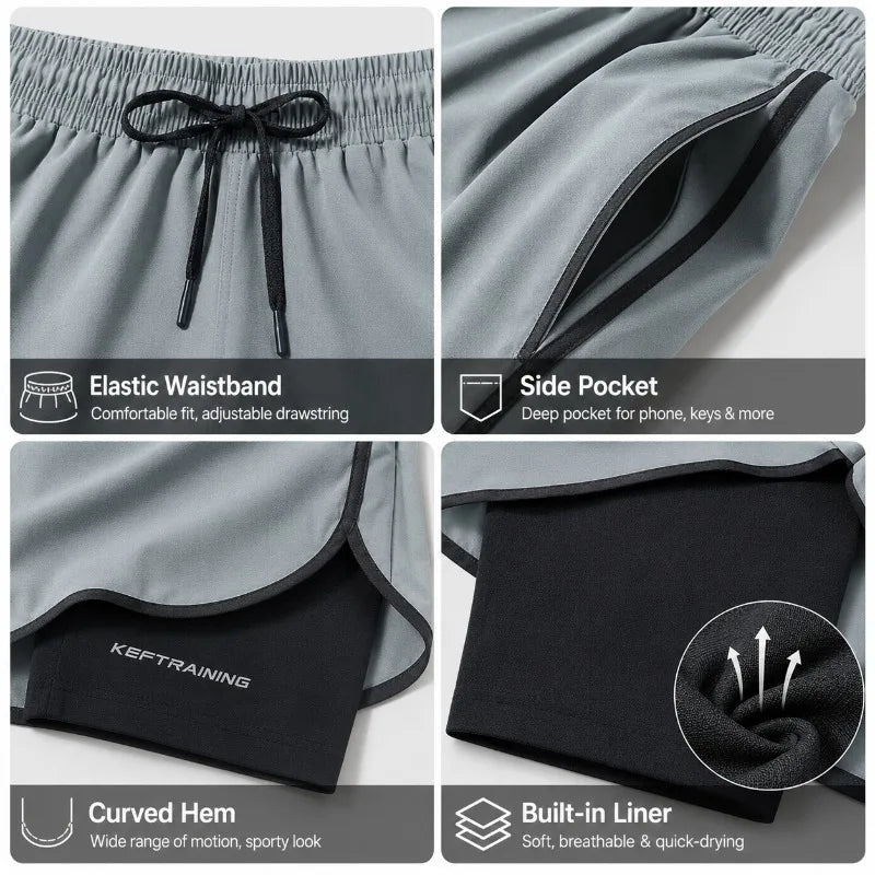 Gray athletic shorts featuring an elastic waistband, side pocket, curved hem, and built-in liner.