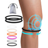 Silicone knee straps and a bag are shown next to a person's knee for joint support.